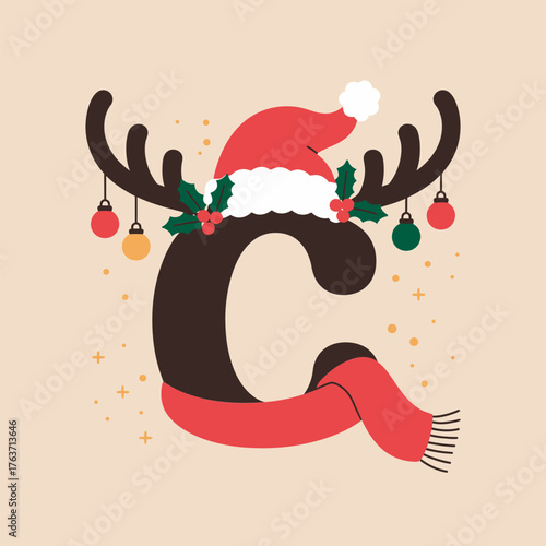 letter C christmas initial, antlers with ornaments, santa hat, winter scarf, confetti snow, holiday theme, seasonal vector illustration