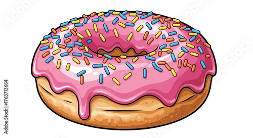 A close-up, studio shot of a delicious pink frosted donut with colorful sprinkles, perfect for food blogs and dessert lovers