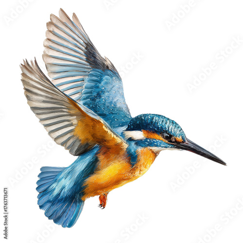 Kingfisher bird flying with vibrant feathers
