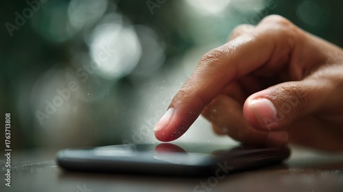 A finger taps on a glowing smartphone screen amidst blurred lights and floating particles representing digital connection