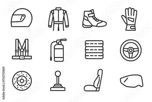 Extinguisher shifter safety icon gloves helmet icons suit gear visor racing vector