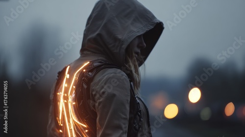 Person wearing futuristic backpack
