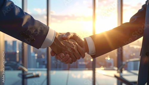 Two professionals shake hands at sunrise, silhouetted against a glowing city skyline.