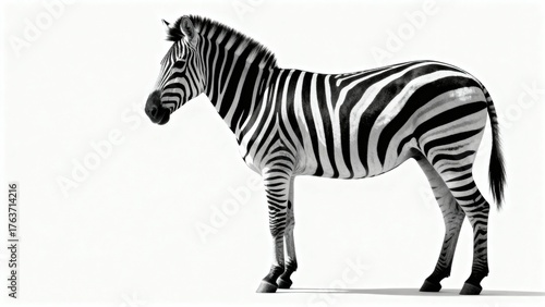 Monochrome Side Profile of a Zebra with Distinctive Black and White Stripes Against a Minimalist White Background in Soft Natural Lighting