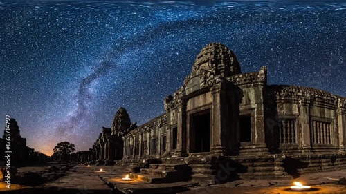 Panoramic View of Ancient Temple Beneath Vibrant Milky Way Arch with Warm Candlelit Foreground