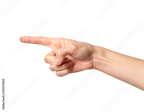 A close-up shot of a single hand making a pointing gesture with the index finger, directed horizontally to the left, isolated against a light gray background.