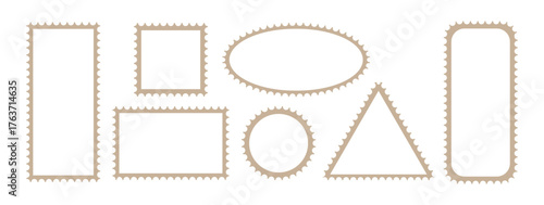 Postage stamp fame with outline edge vector. Postal border for letter in square and rectangle shape set. Travel mail label template design for cut photo and graphic. Retro blank mark sample piece.