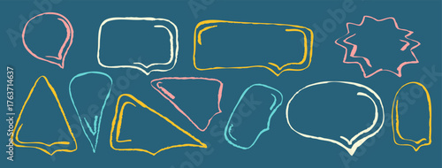 Crayon speech frame and text box. Chalk talk icon and pencil drawn line. Cute sketch brush balloon for chat. Childish dialogue bubble with scribble decoration design. Comic speak ornament element.