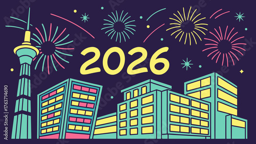 Vibrant cityscape celebrates 2026 with dazzling fireworks and illuminated buildings, perfect for New Year's Eve promotions and festive designs.