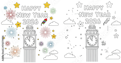 Happy New Year 2026 Coloring Page with Big Ben, Fireworks, and Stars - Festive Holiday Celebration Outline Art for Kids