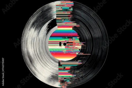 Abstract circular shape shows heavy digital glitch distortion with black grooves and bright color bars on a dark background.