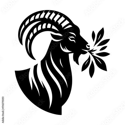 Elegant Black Goat Silhouette with Leafy Sprig in Mouth.