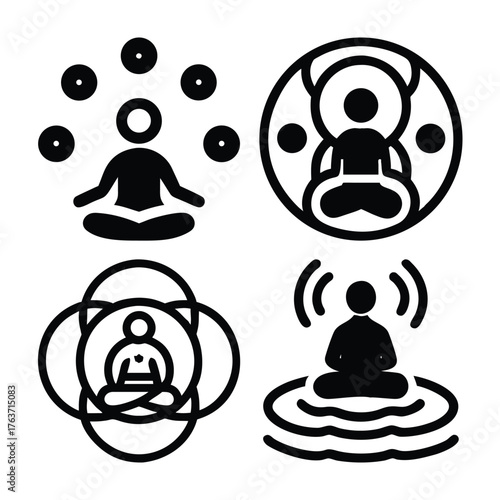 Four stylized icons representing meditation and spiritual enlightenment