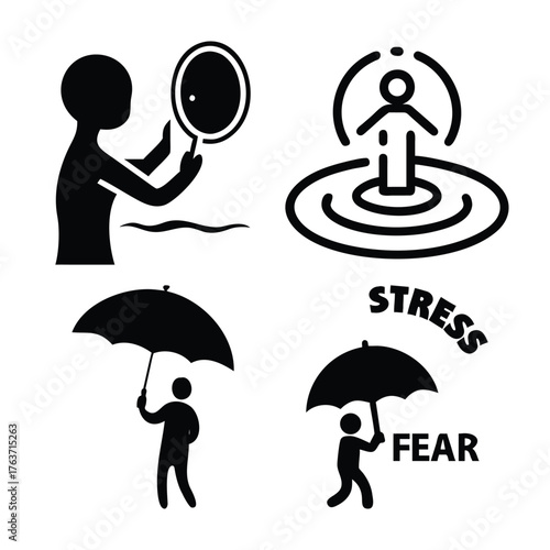 Four silhouette illustrations representing mental health and emotional states