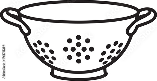 Simple black and white line drawing of a kitchen colander silhouette