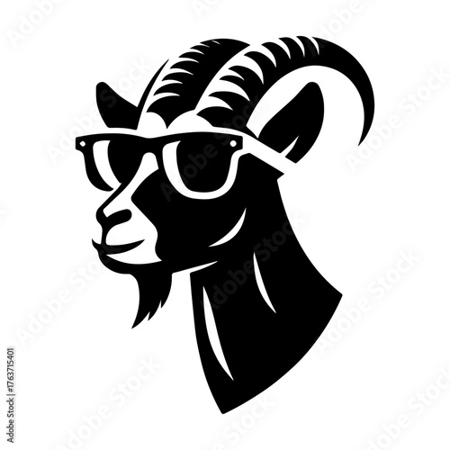 Cool Goat Wearing Sunglasses Black and White Illustration.