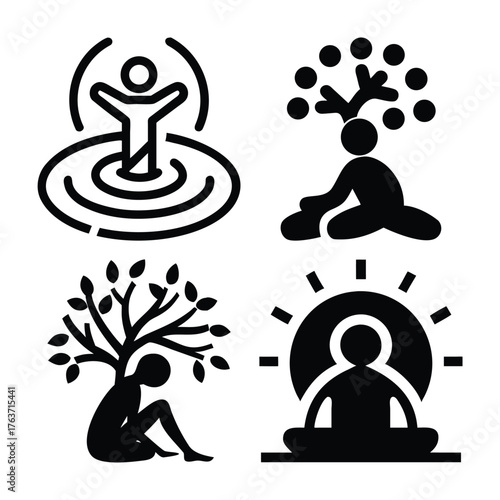 Four icons representing mental health well being and personal growth concepts