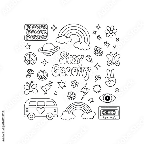 Black and white line art collection of groovy 70s inspired icons and text retro hippie