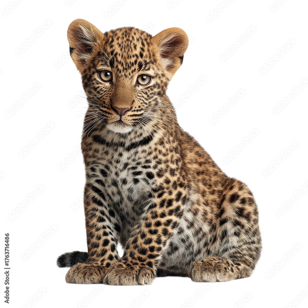 Fototapeta premium Young leopard cub sitting on a clean surface