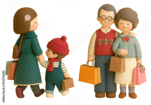 3D Family Shopping illustration . Cozy felt cartoon character  Holiday Promotions Retail Marketing Campaigns.  Isolated design , transparent background.