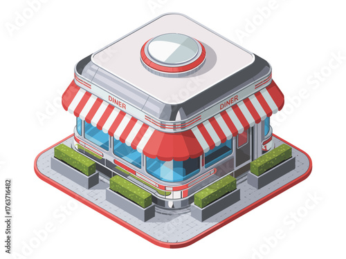 retro diner restaurant, isometric square building, round skylight, striped canopy, glass facade, decorative hedges, city eatery, vector clipart