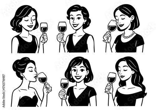 Six vector drawings of woman drinking red wine from a glass