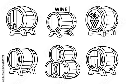 Six vector drawings of wine barrel 