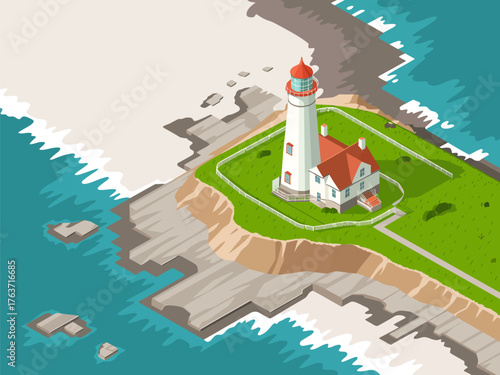 rocky island lighthouse, clifftop buildings, shoreline surf, maritime navigation landmark, coastal scenery, aerial perspective style, clean vector artwork