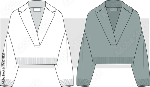 Notch Collar Sweater Fashion Flat, Illustration. Unisex Sweatshirt Drawing, Vector. CAD, Mockup.