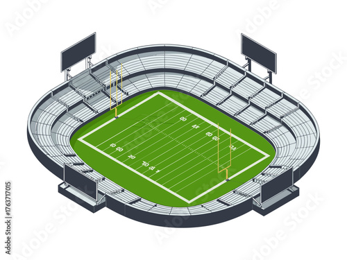 Contemporary stadium complex, elliptical bowl, bright turf markings, media screens, grandstands, isometric architecture, game day energy, vector illustration