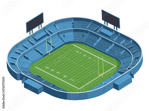 Modern sports stadium, blue grandstands, centered football field, digital scoreboards, crowd seating, isometric architecture, event venue, vector illustration