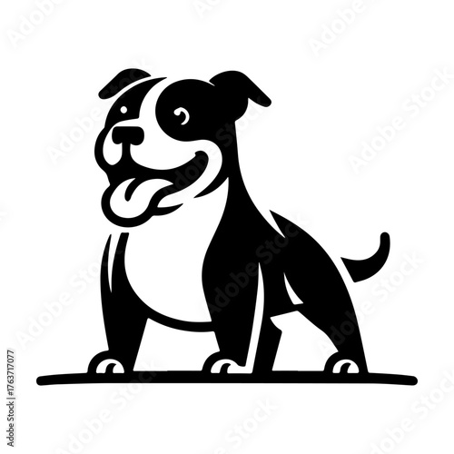 Happy Pitbull Dog Silhouette Black and White Illustration.