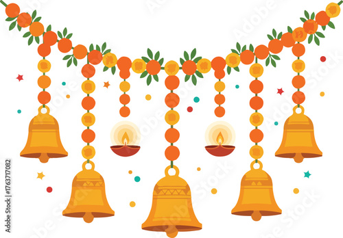 Flat vector garland and hanging bells decoration, white background..eps