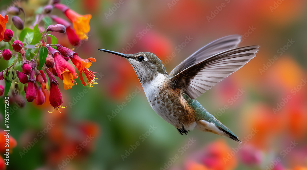 Obraz premium Hummingbird mid-flight feeding on flowers, frozen motion, macro clarity