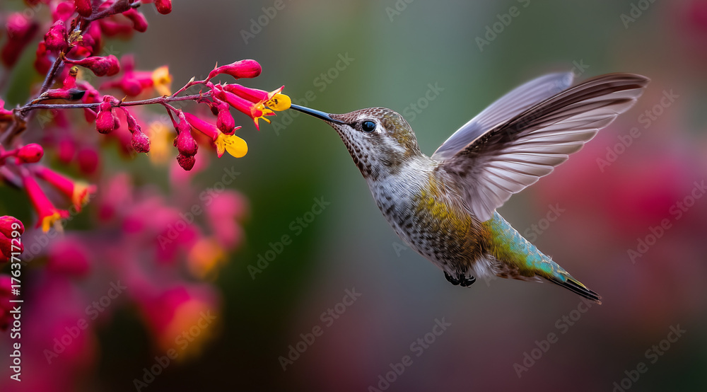 Fototapeta premium Hummingbird mid-flight feeding on flowers, frozen motion, macro clarity