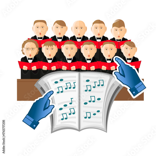 A conductor's hands in front of sheet music. The choir consists of two rows of men in black suits, isolated on a white background. Vector illustration in a flat style.