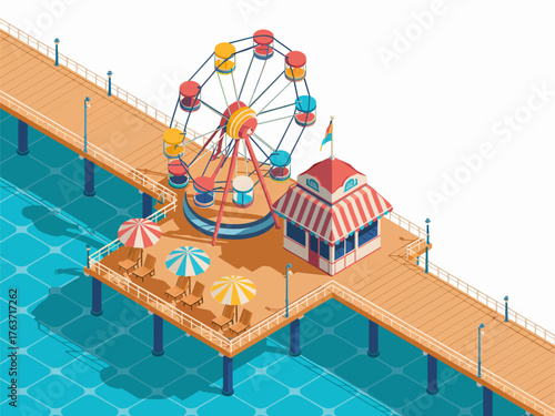 Ocean pier boardwalk, wooden decking, ferris wheel, seaside pavilion, teal water, coastal amusement scene, isometric illustration, vacation vector