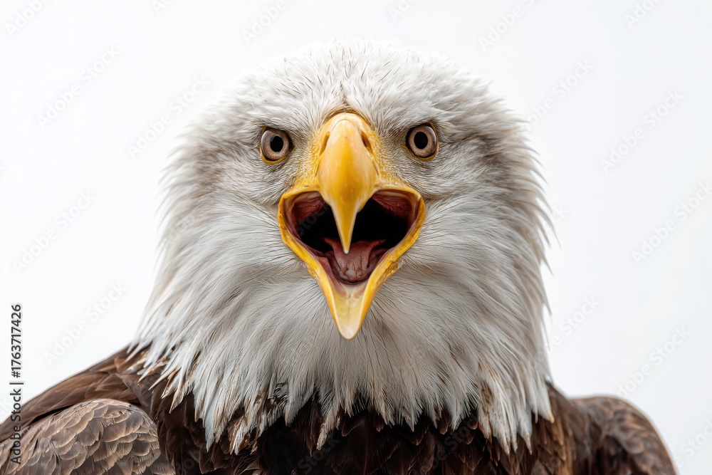 Obraz premium Bald eagle close-up head portrait, screaming on a white background.
