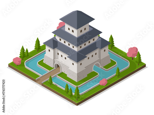 Stone castle tower with blue roofs, water channels and path, isometric garden setting, serene traditional architecture illustration
