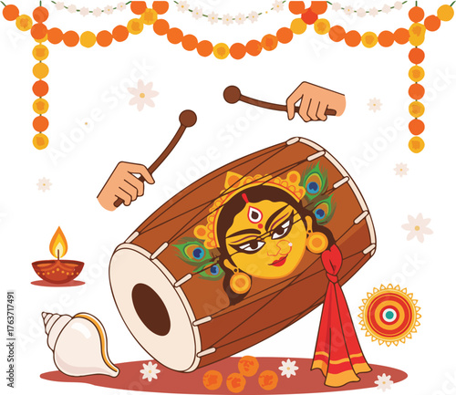 Flat design of Durga Puja background with dhak drum and conch shell, white background.