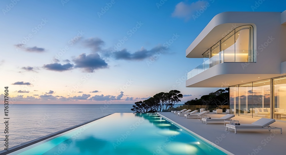 Fototapeta premium Opulent Coastal Living - Sleek White Villa and Infinity Pool Under a Serene Dusk Sky.