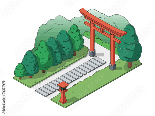 Torii gate on hillside steps, stone lanterns along pathway, manicured trees, isometric temple scene, traditional pilgrimage entrance graphic
