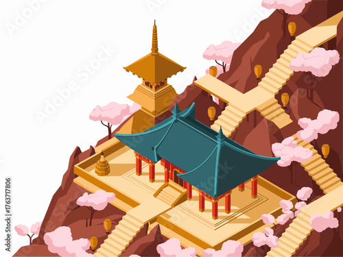 Mountain temple complex, wooden pavilions, sakura blossoms, zigzag stairs, spiritual retreat atmosphere, scenic isometric illustration, heritage architecture design