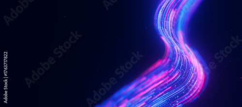 Bigdata light speed data flow S-turn closeup. Abstract digital data stream of quantum computing. Cyberspace of qubit trails. Modern tech information transmission.