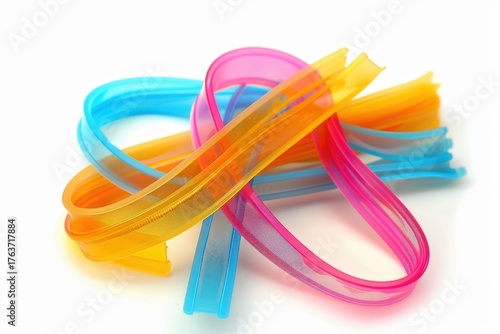Colorful Zippers Intertwined:  Vibrant hues of blue, orange, and pink zippers intertwine in an artful display, showcasing the intricate details and textures of these essential fasteners.