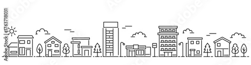 細い線の街並みイラスト バナーサイズ（背景・白）