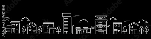 細い線の街並みイラスト（バナーサイズ・黒背景）