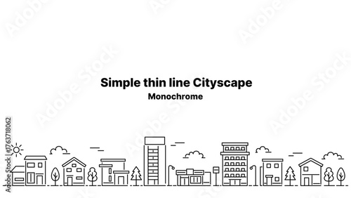 細い線の街並みイラスト ワイドサイズ（背景・白）