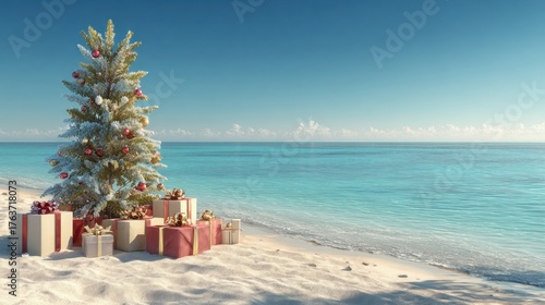 Fototapeta Naklejka Na Ścianę i Meble -  Festive Christmas tree adorned with gifts on a serene tropical beach under a clear blue sky.