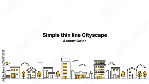 細い線の街並みイラスト（アクセントカラーイエロー・ワイドサイズ・背景白）